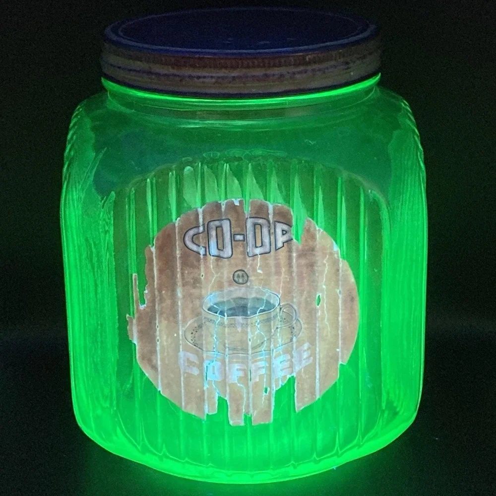Vtg Anchor Hocking Jar Hoosier Ribbed Green Uranium Co-Op Coffee Sugar Label #2